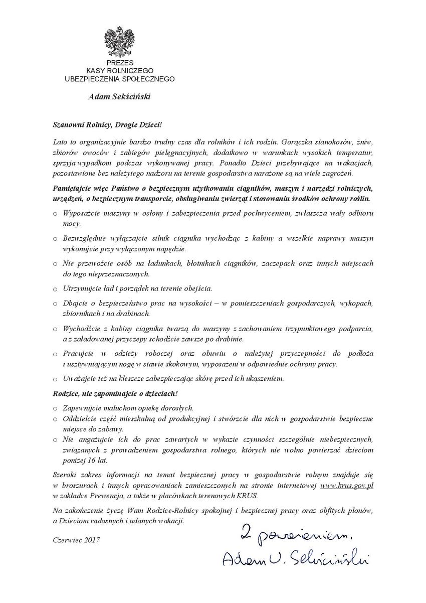 List Prezesa KRUS 