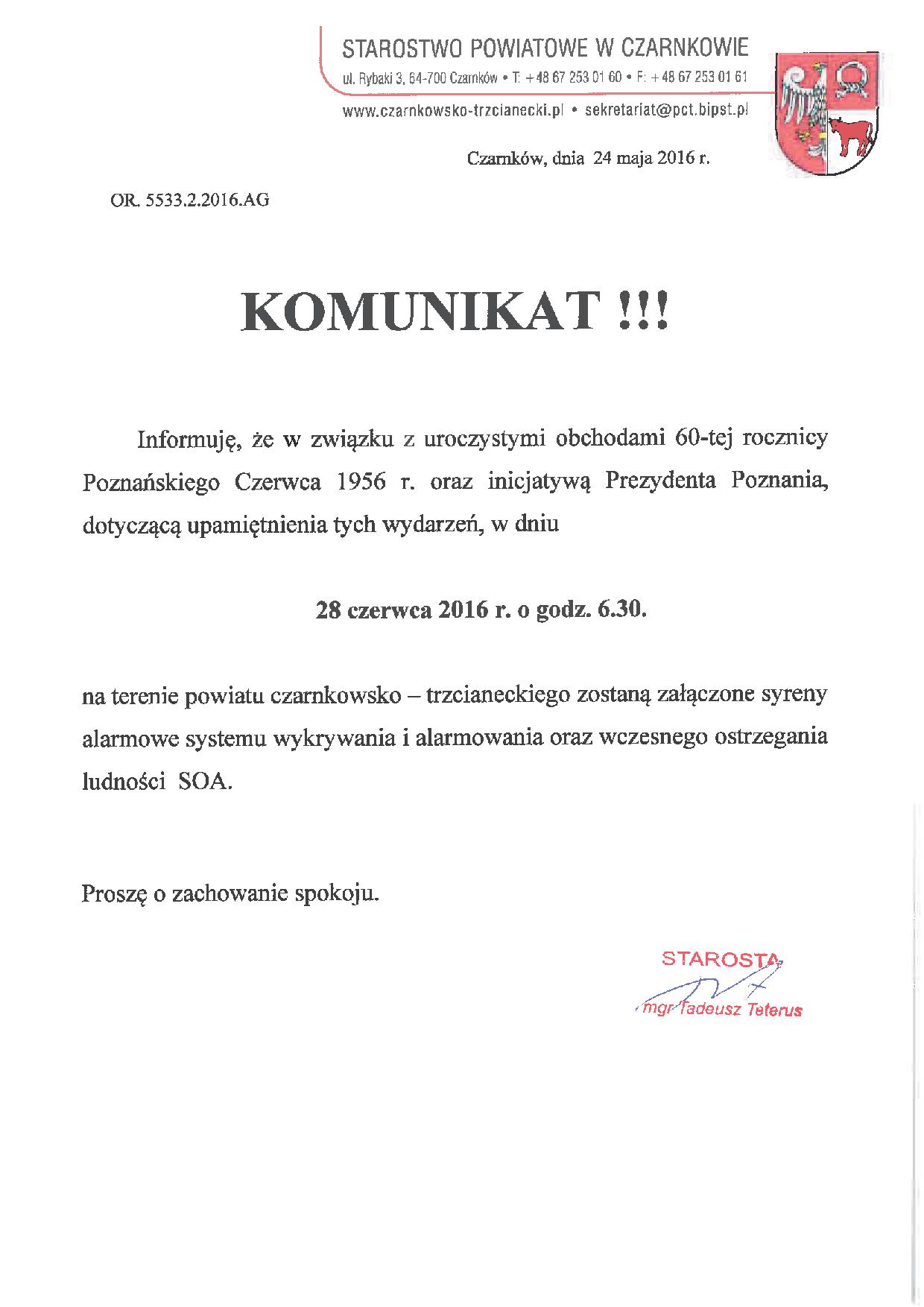 Komunikat system alarmowy SOA