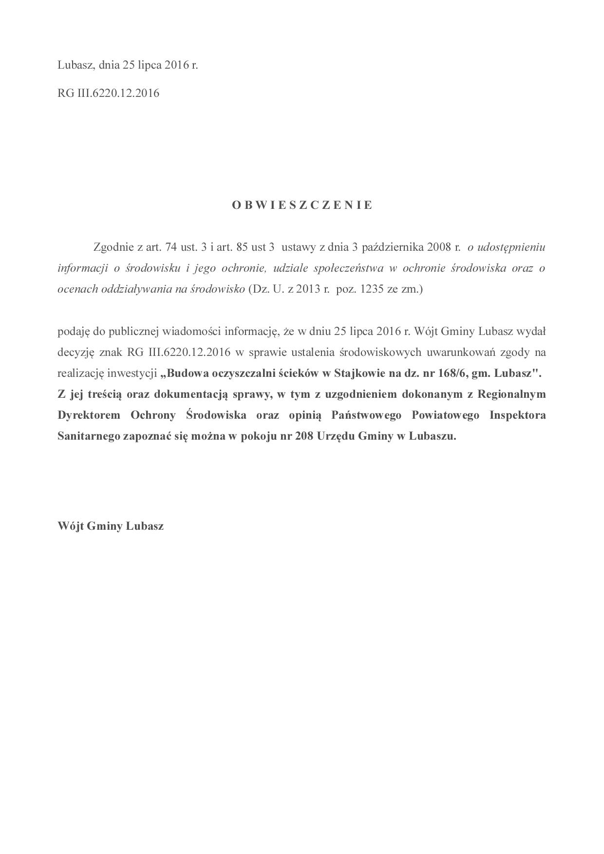 Obwieszczenie o wydaniu decyzji