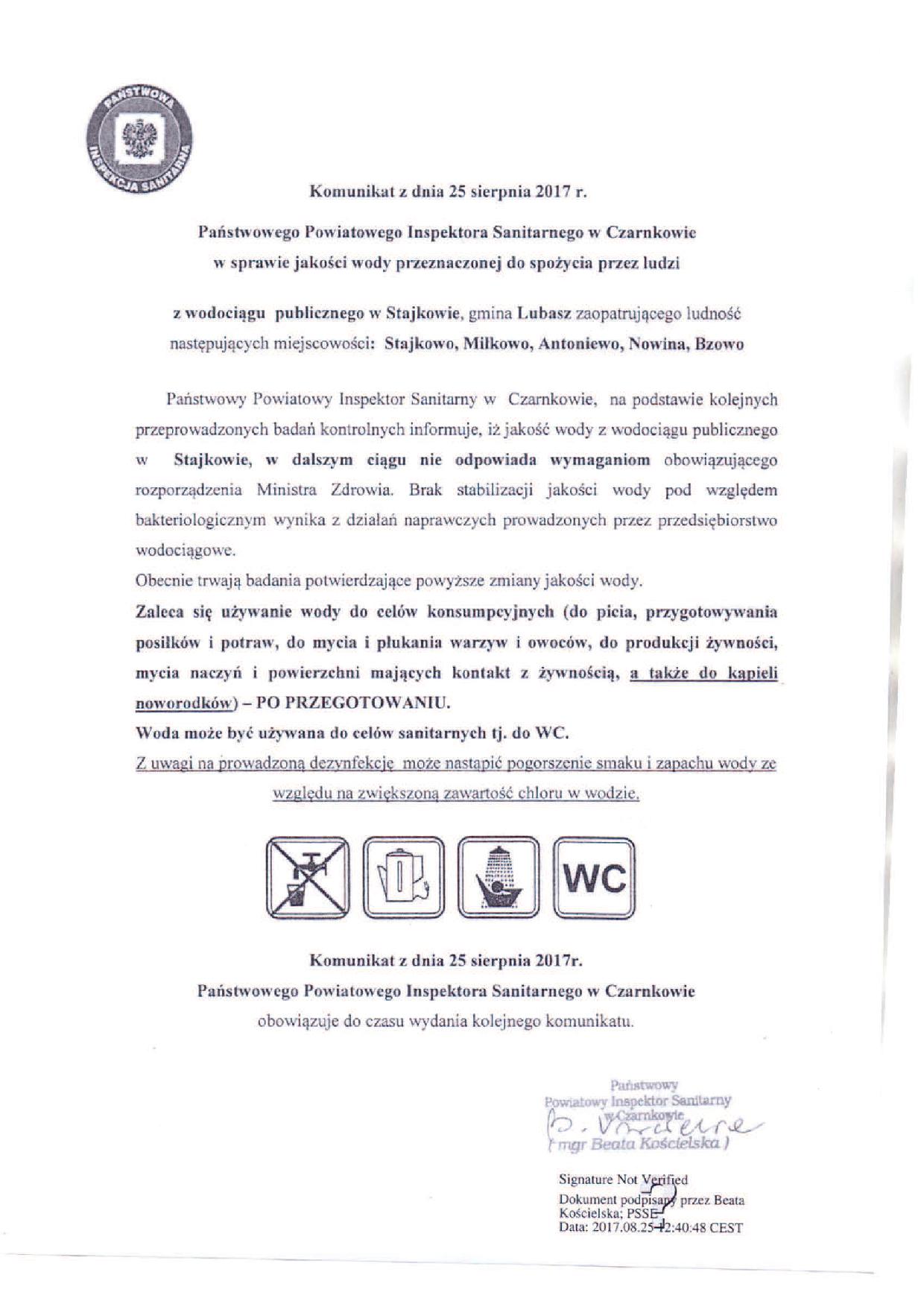KOMUNIKAT OSTANIE JAKOŚCI WODY 25.08.2017