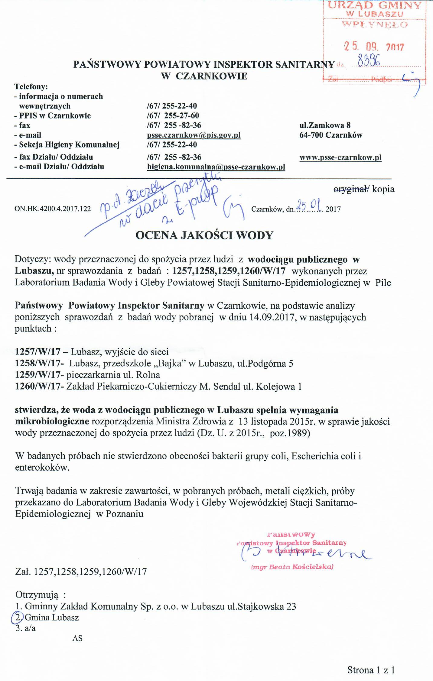 badanie jakosci wody_SUW_LUBASZ_27.09.2017