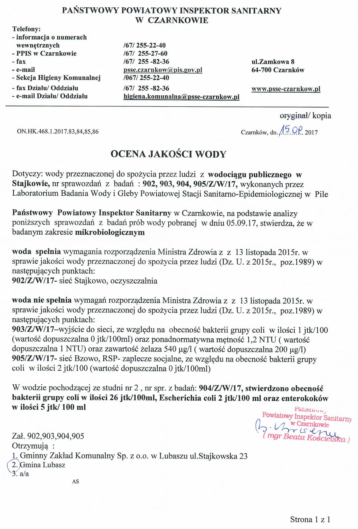 ocena jakości wody SUW Stajkowo 15.09.2017