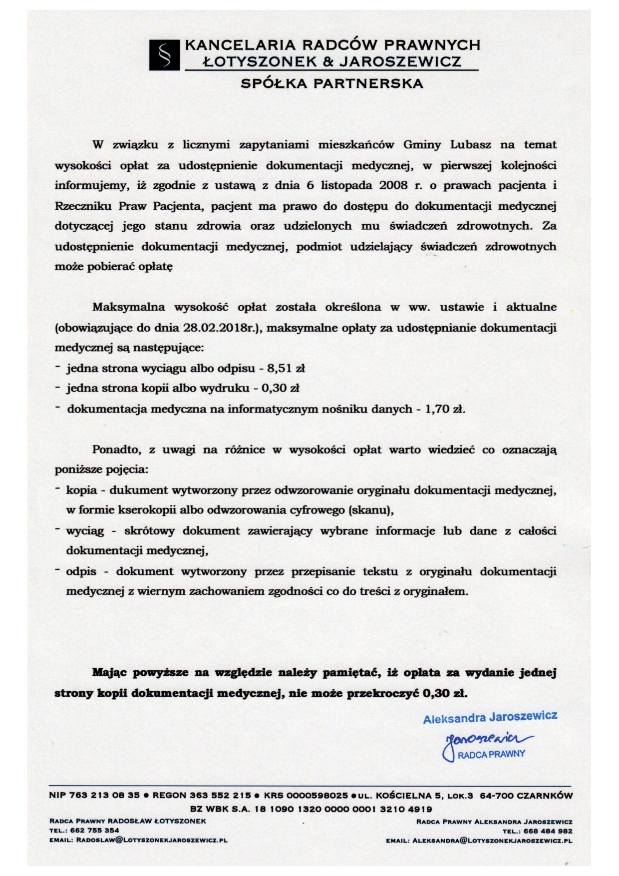 informacja o oplatach za dokumentację medyczna