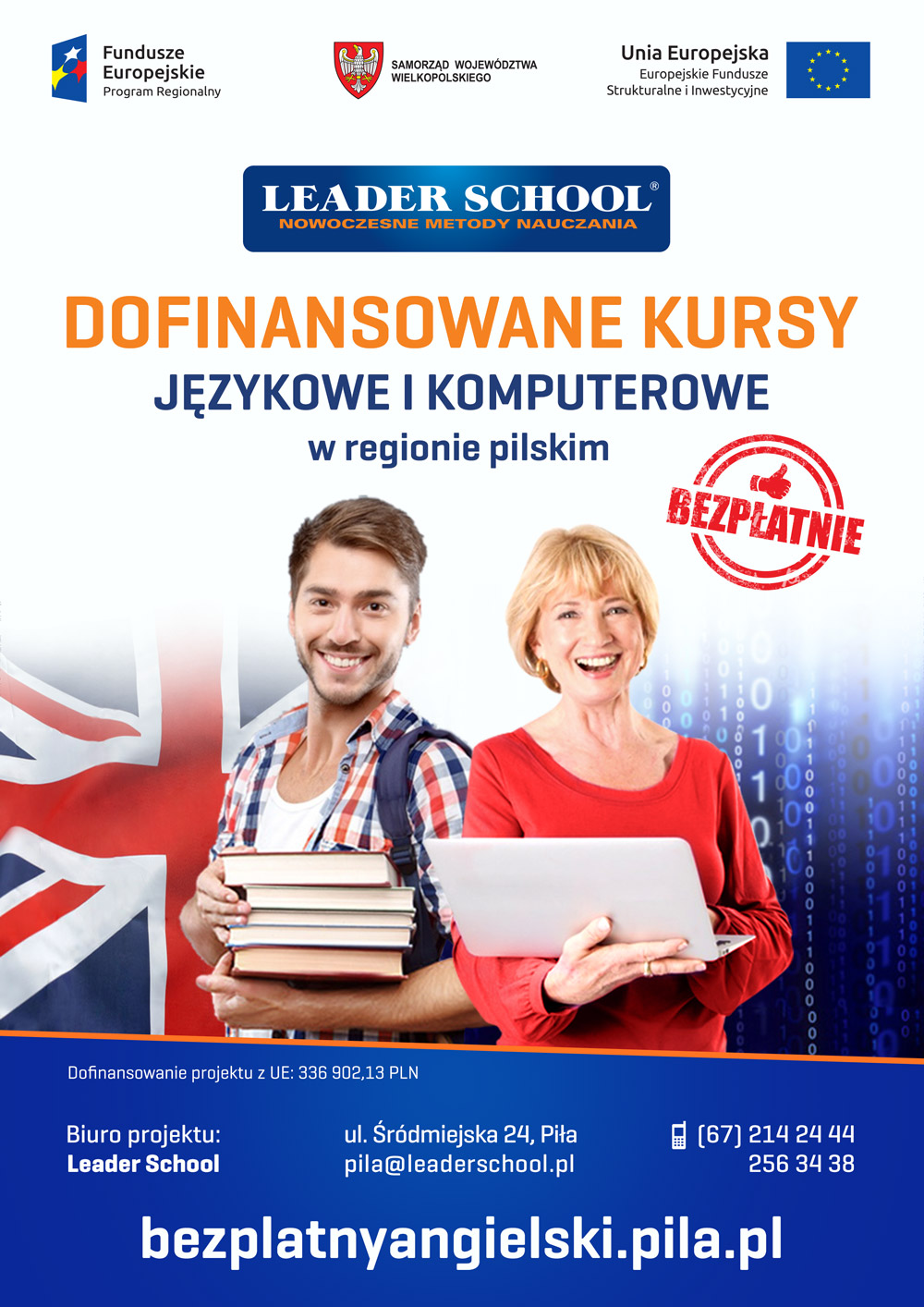 Bezpłatne kursy jezykowe i komputerowe plakat