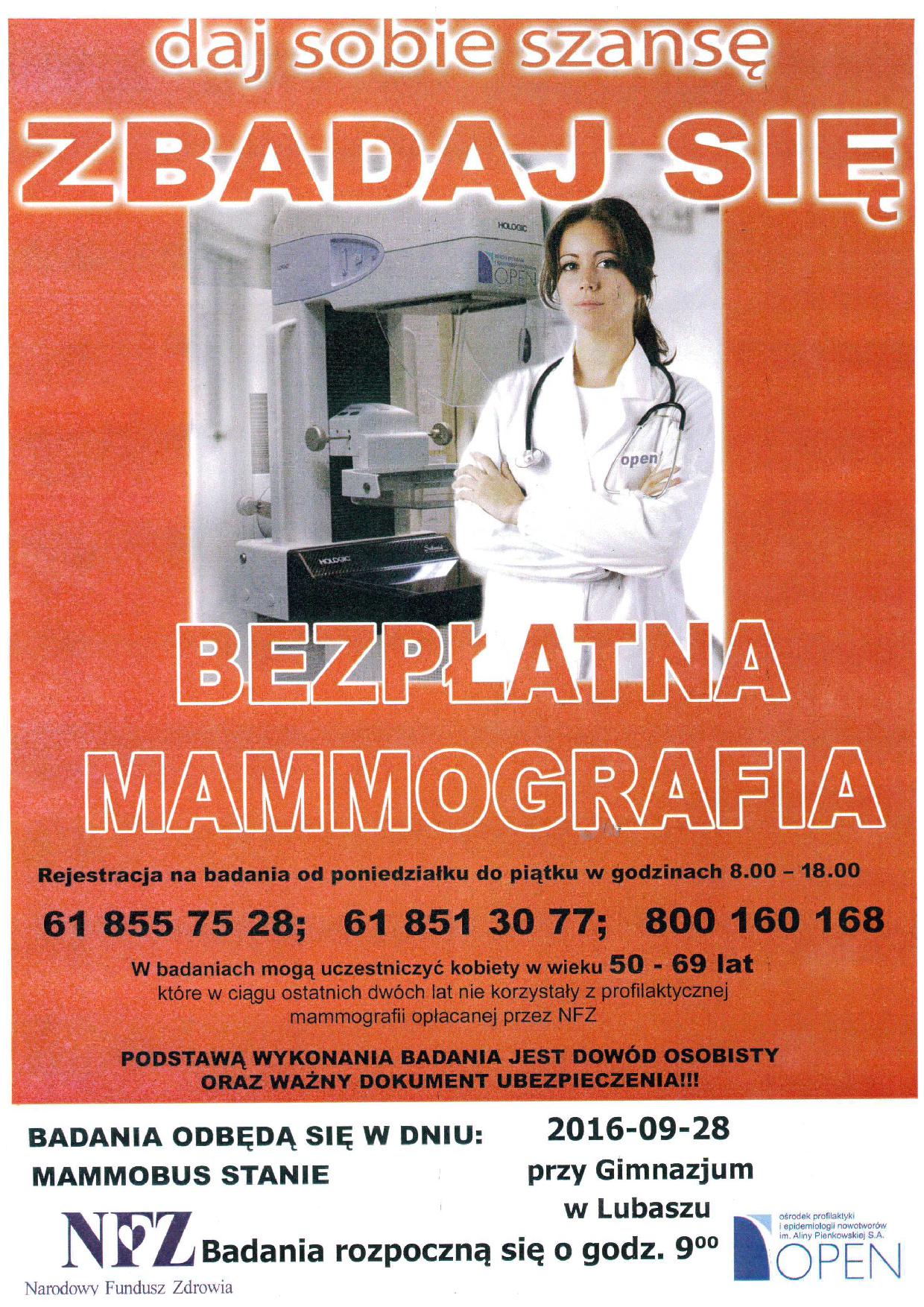 Zaproszenie na badania mammograficzne plakat