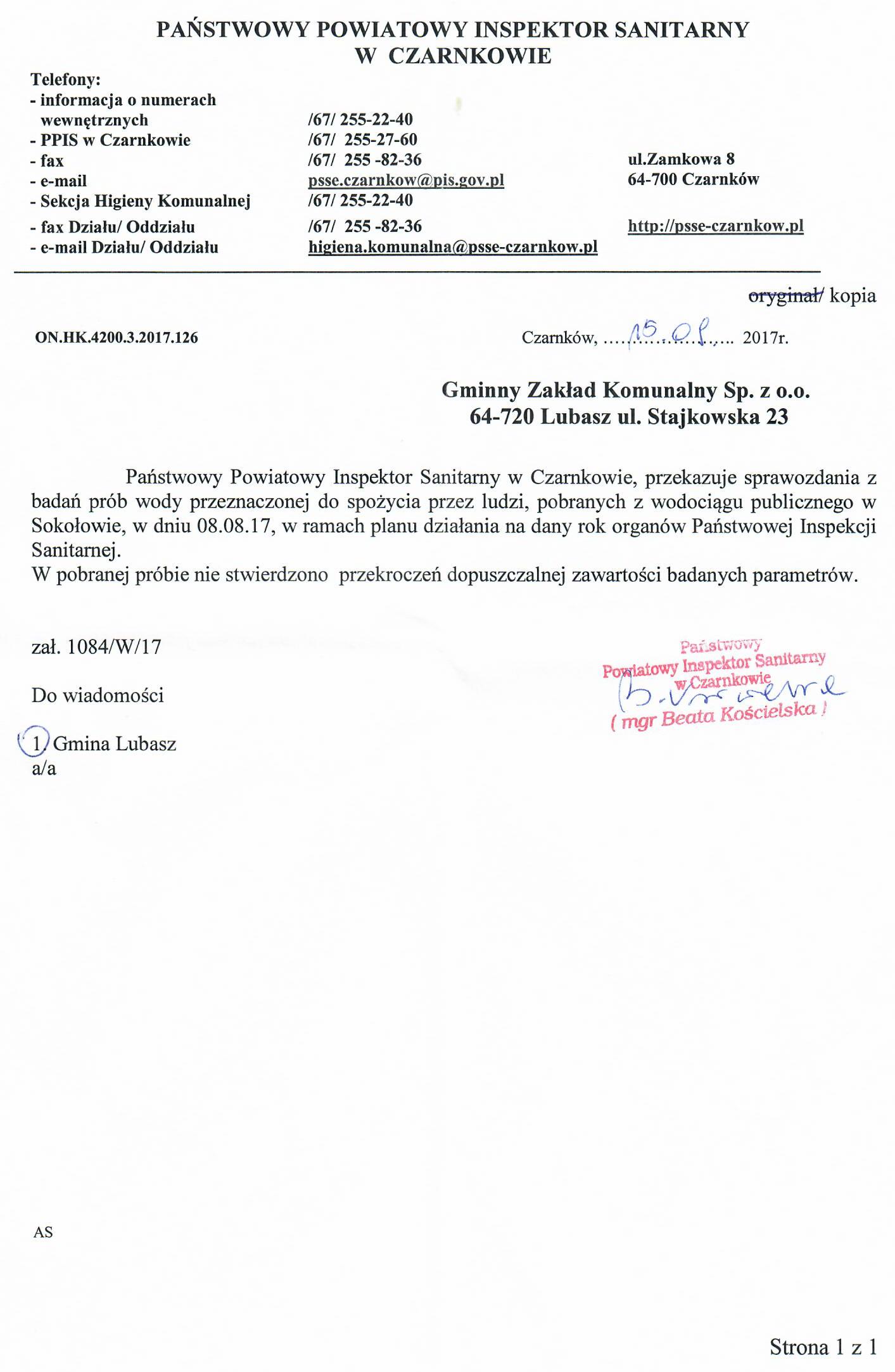 Stan jakosci wody SUW Sokołowo