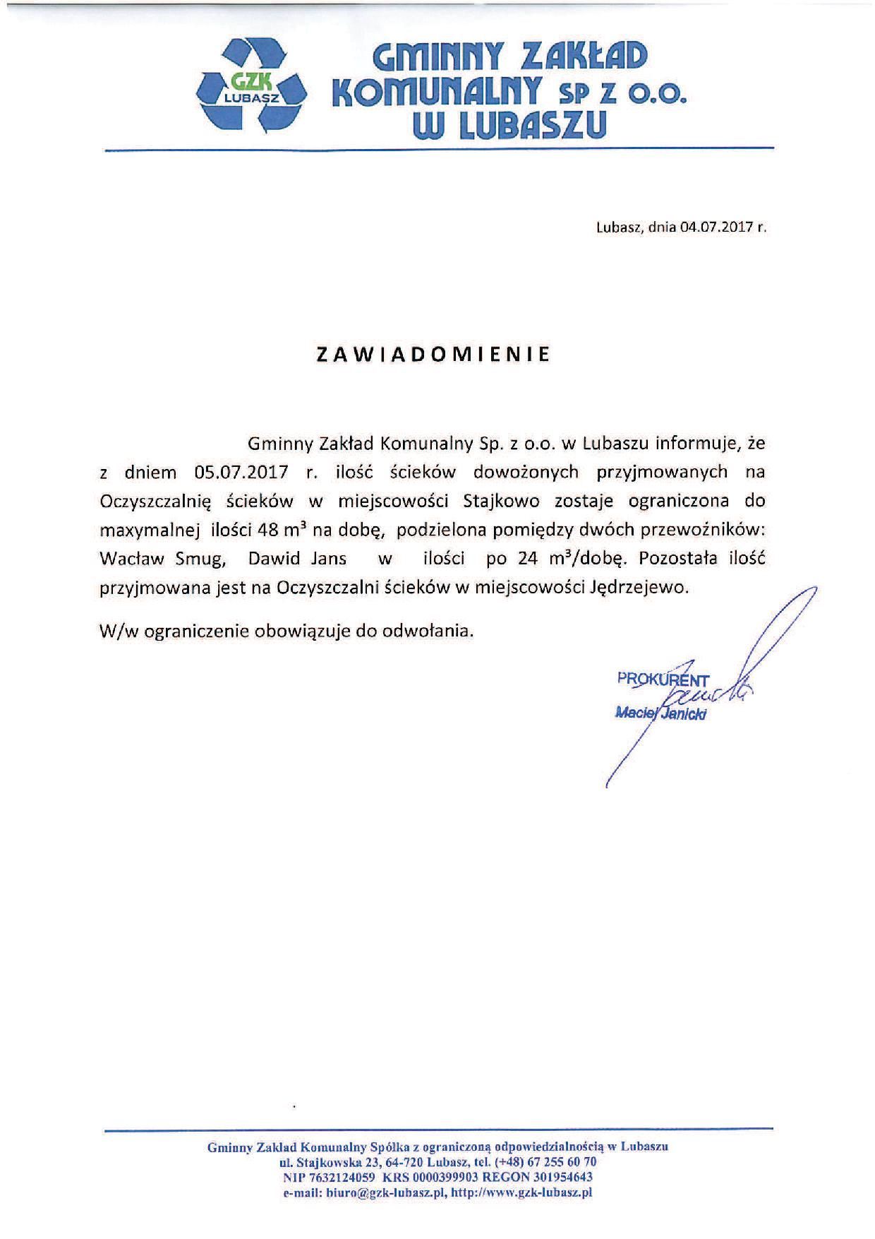 zawiadomienie wywóz nieczystości