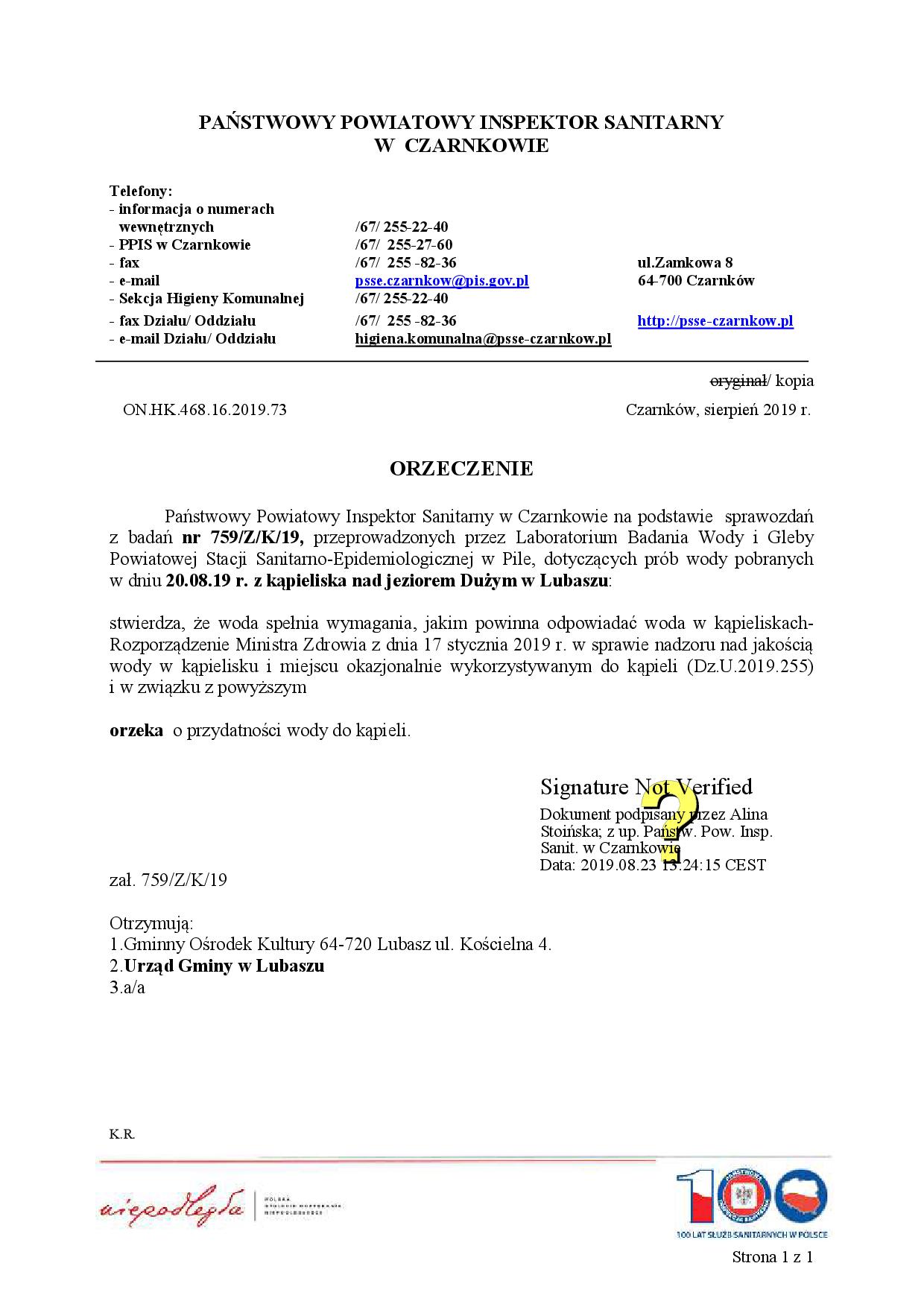 Informacja o stanie jakości wody w jeziorze