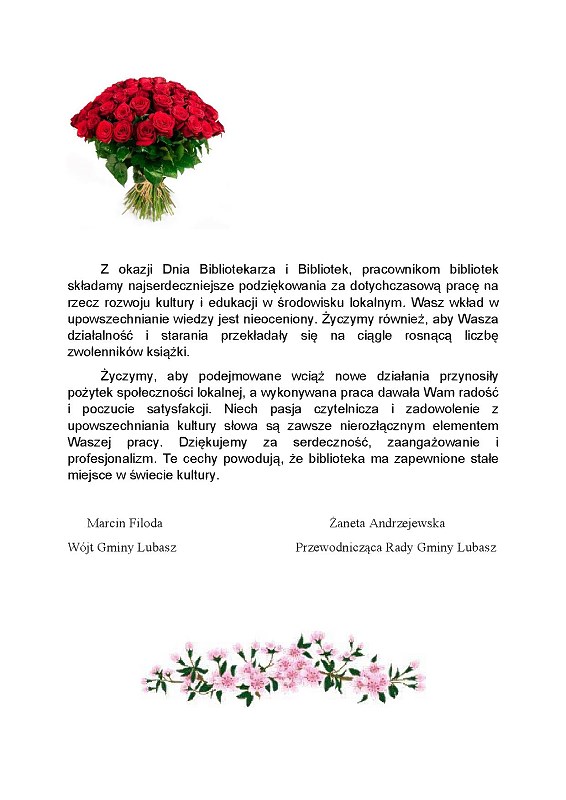 życzenia z okazji Dnia Bibliotekarza i Bibliotek