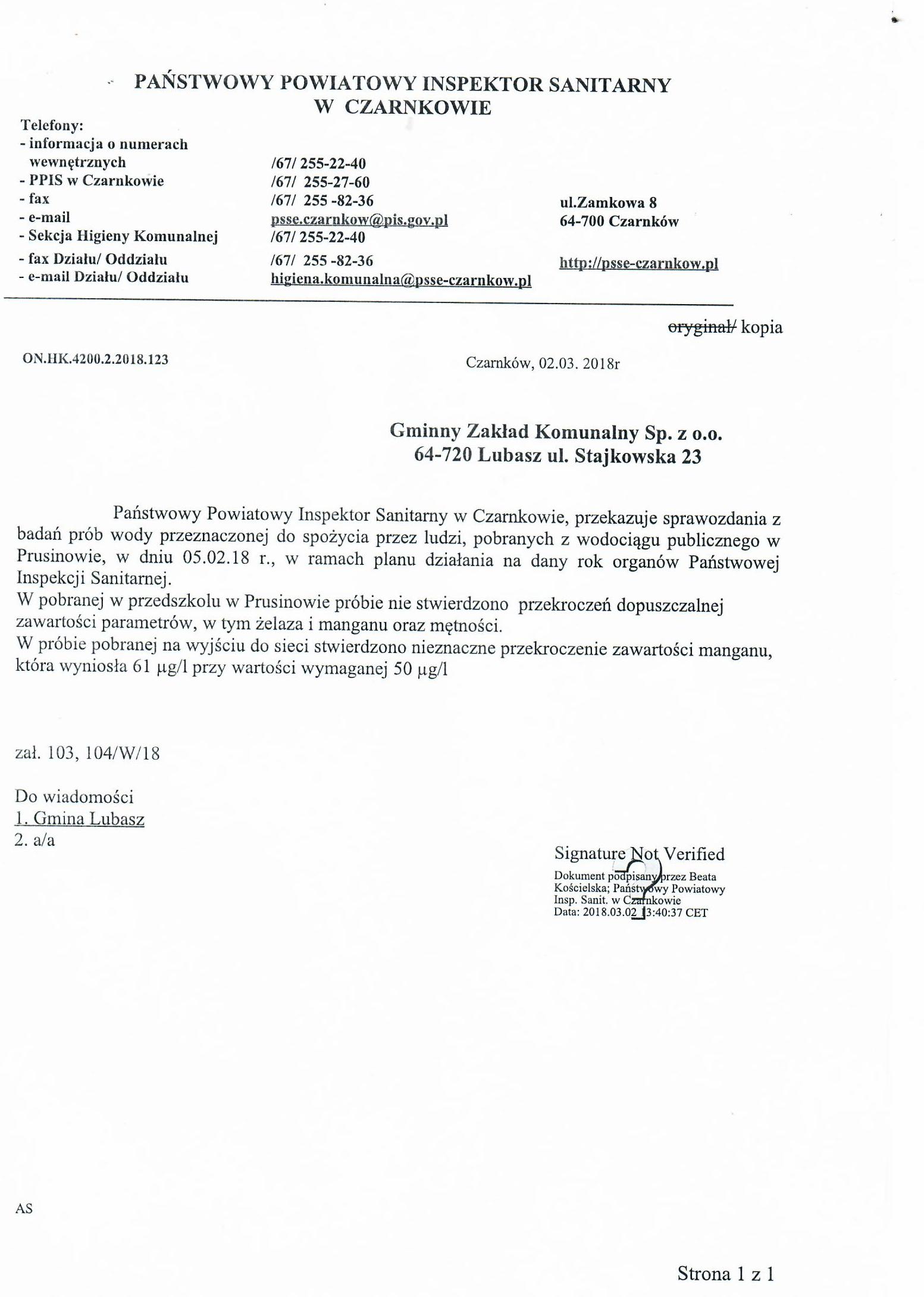 Informacja o stanie jakości wody