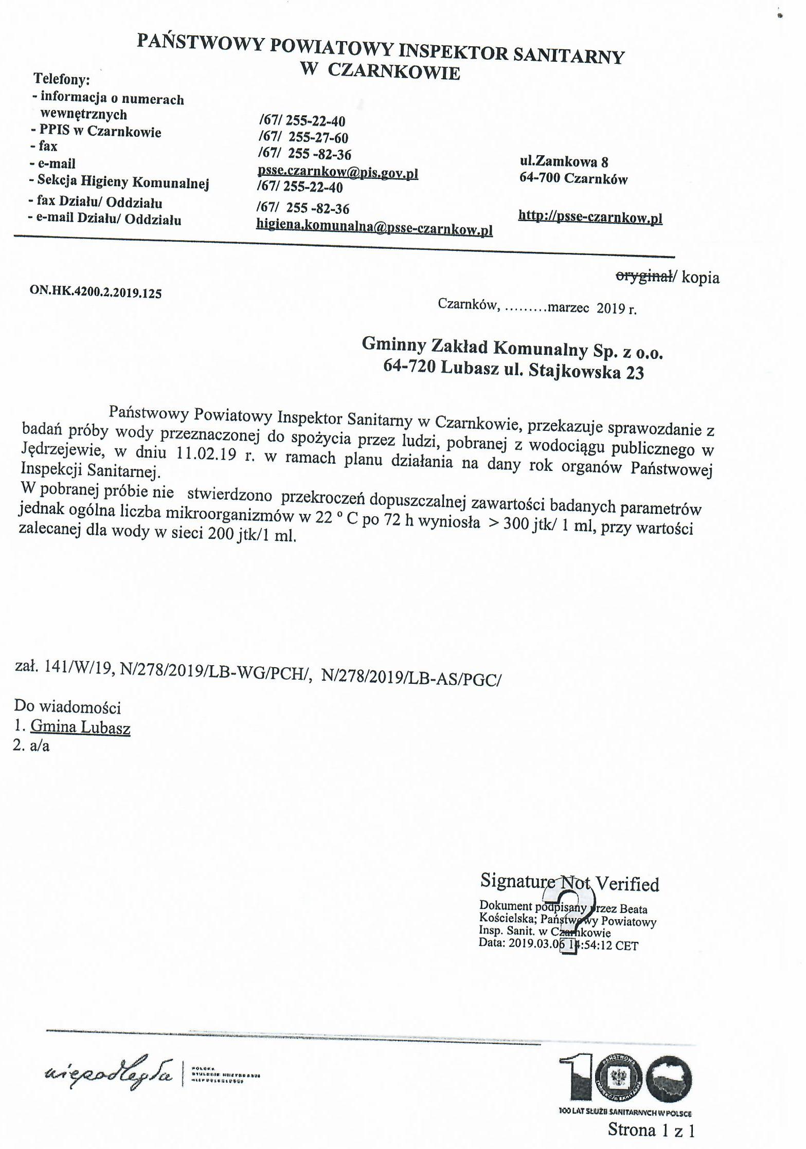 Informacja o stanie jakości wody Jędrzejewo