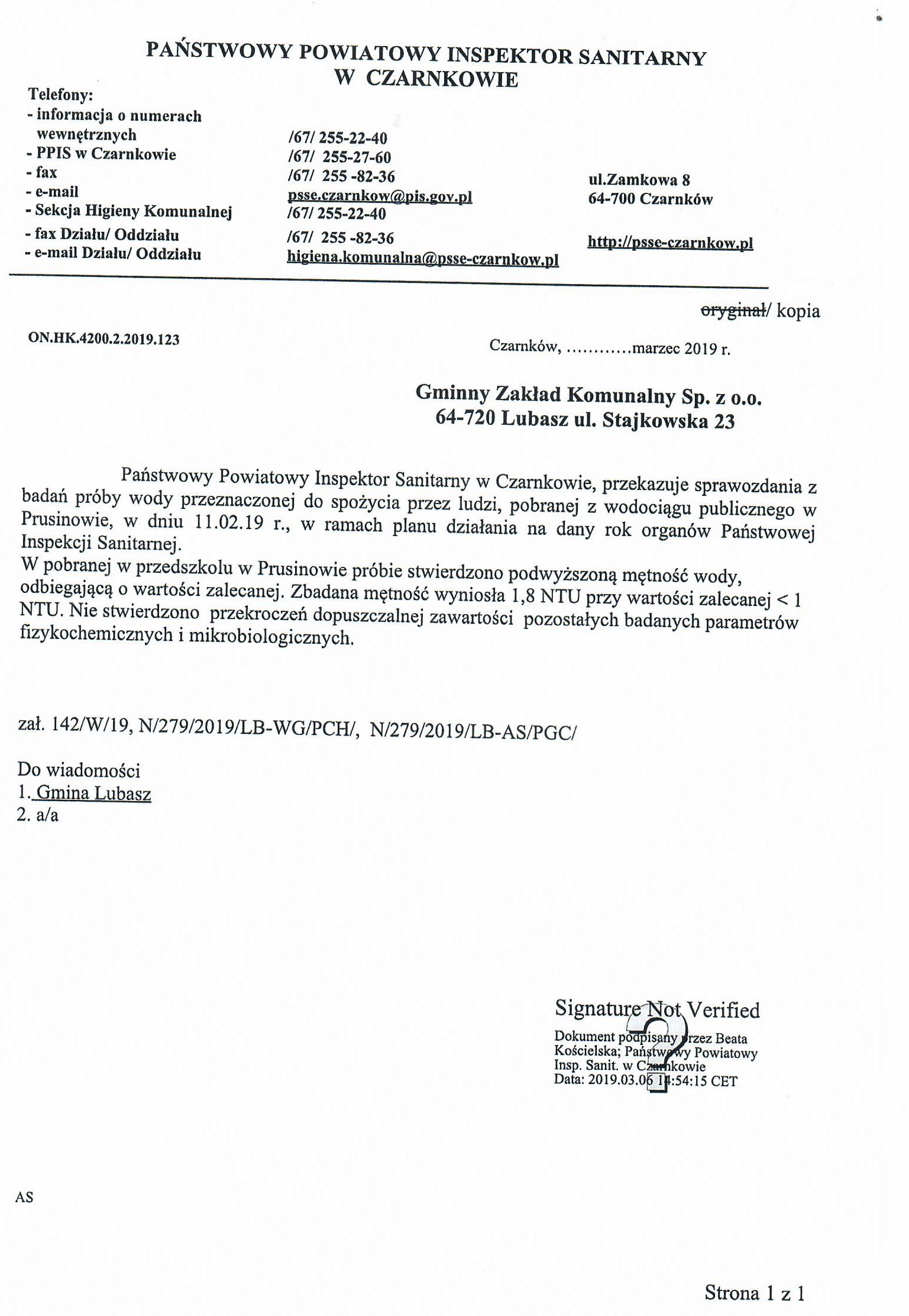 Informacja o stanie jakości wody Prusinowo