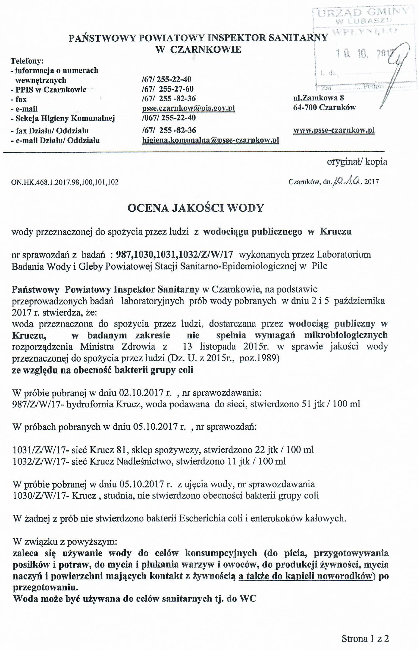 ocena jakosci wody Krucz
