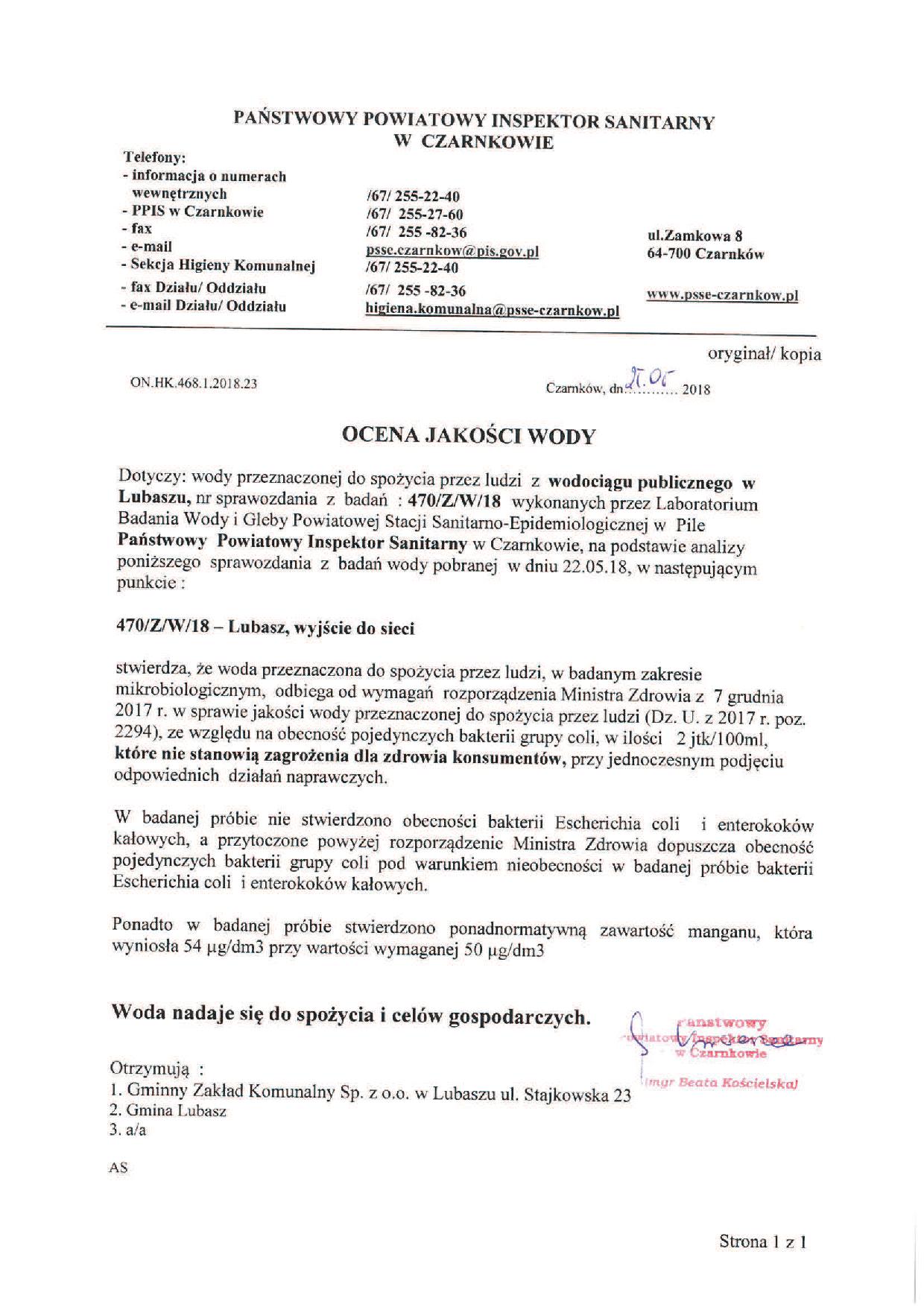 Komunikat w sprawie wody 25.05.2018