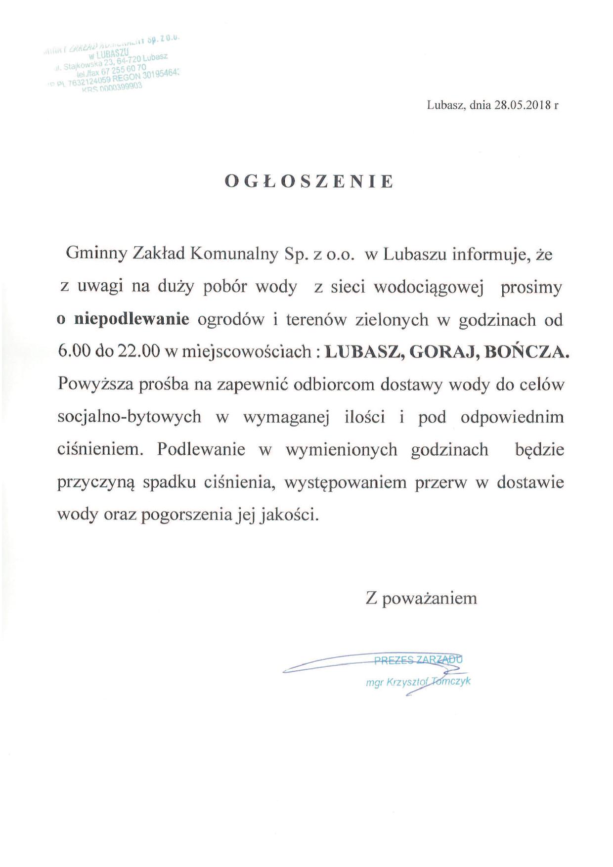 Ogłoszenie w sprawie wody