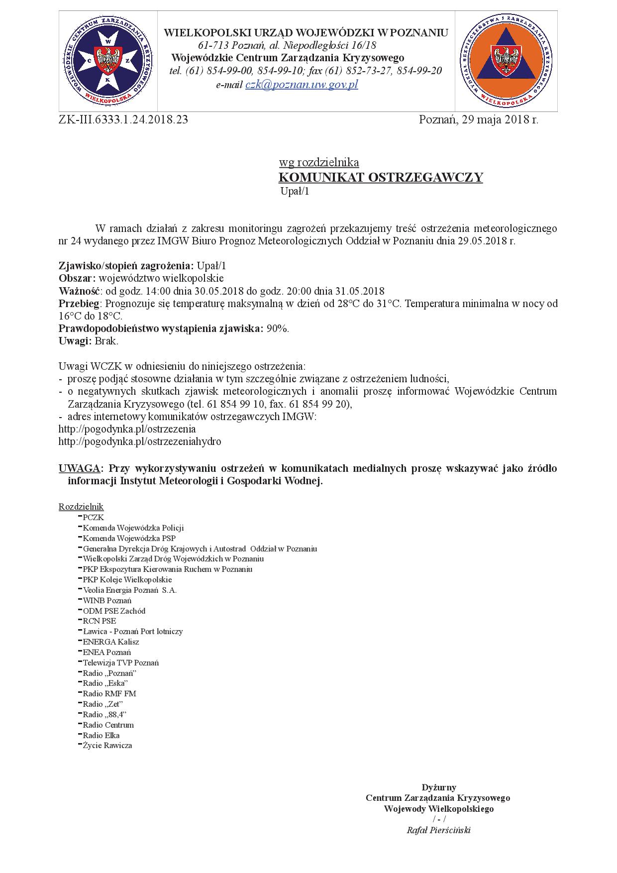 Komunikat ostrzegawczy - upały